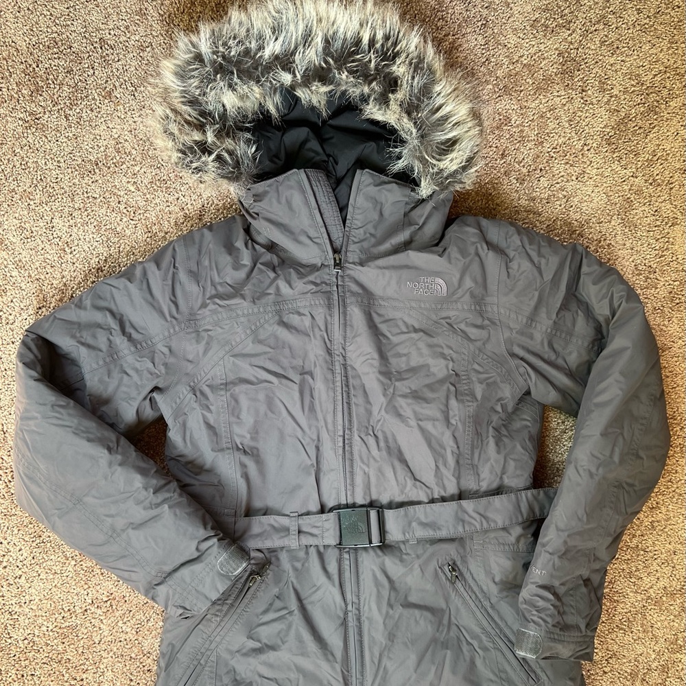 North Face puffer down jacket with belt